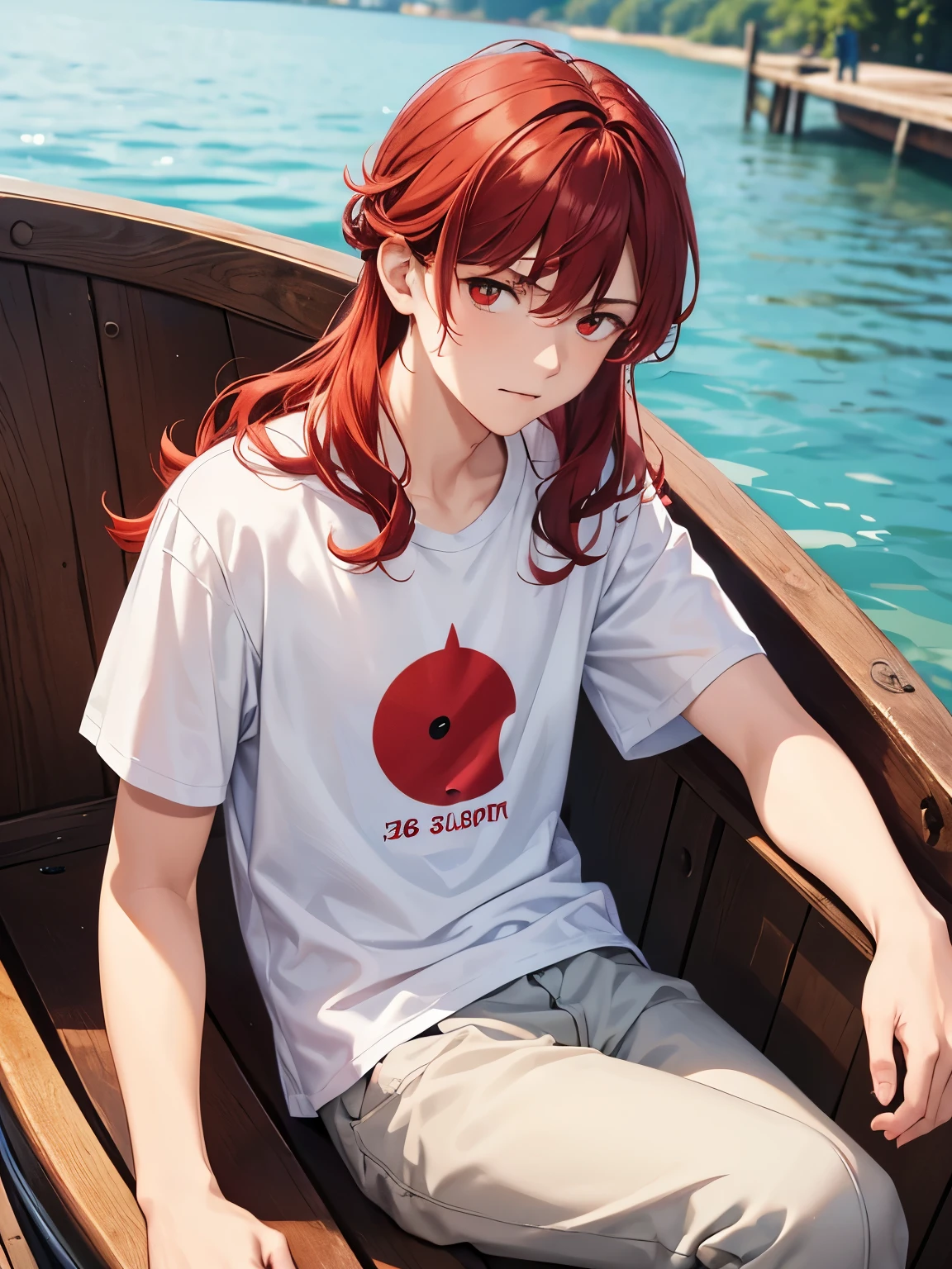 1boy,18 years old,Sitting in a wooden boat, on a lake,cool,Annoyed expression, looking away,,middle parted hairstyle,talking,Curly hair, red hair, red eyes, long hair, vampire, handsome,,close up photo,White t-shirt,Short sleeve t-shirt,,black trousers