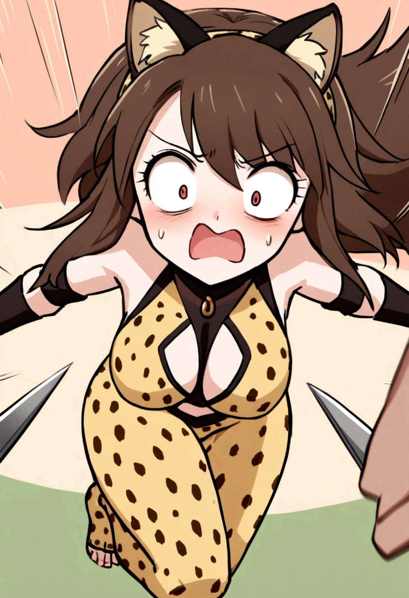 A lovely woman (in a cheetah print ninja outfit, cheetah ears headband, razor fist blades) is using her ninja training to run really fast, zooming towards a scared goblin warrior
