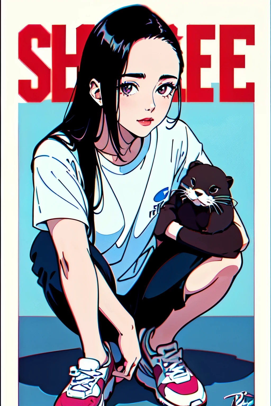 best quality,masterpiece,ultra high resolution,1 woman,alone,long hair,shirt,pants,black hair,forehead,squatting,shoes,looking at viewer,white shirt,assembly,blunt forehead,short sleeve,whole body,Border,signature,chromatic aberration,running shoes,blue Border,빨간 shoes,Nike,closed mouth, magazine cover, with an otter
