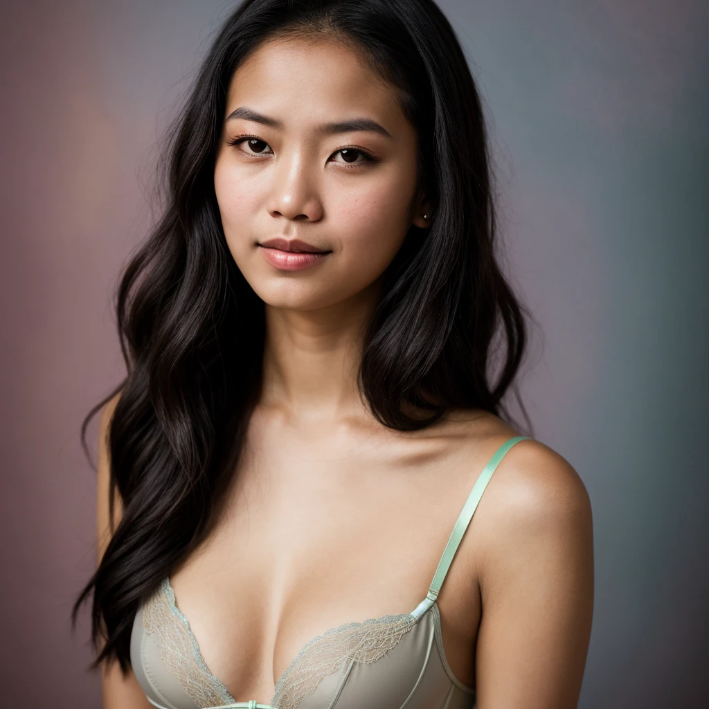 A Indonesian girl is depicted in a medium portrait shot, exuding a sense of shyness. Her eyes are watery, adding a touch of vulnerability to her expression. She is adorned in a modern, plain hijab that complements her pastel lingerie, suggesting a blend of modesty and contemporary style. The background is soft with light bokeh, enhancing the dreamy atmosphere. Glowing particles subtly surround her, contributing to the magical feel of the portrait. Her body is portrayed as proportional, balancing the overall composition