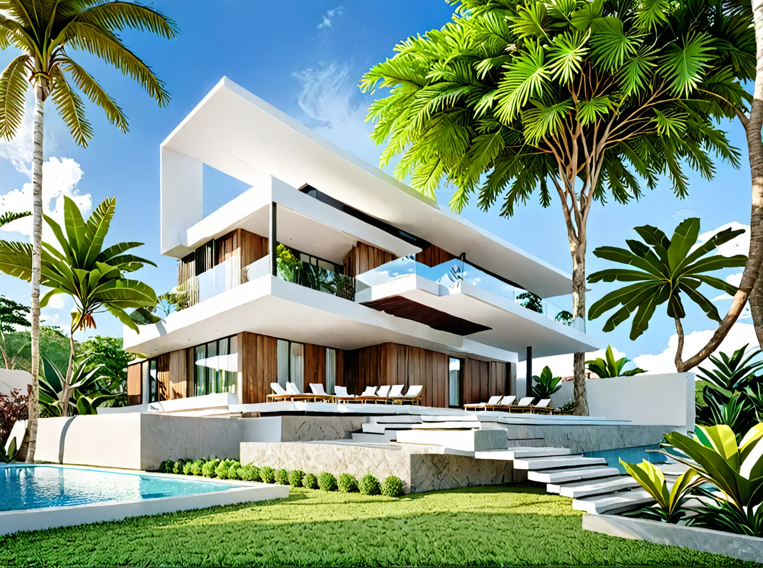 ((modern villa)0, modern material, daytime, bright sky, tropical tree arround the villa, people and card, best quality 3d render