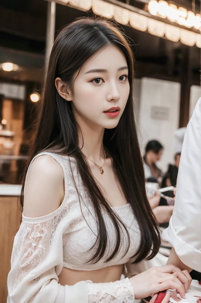 Front Angle, (8K, best quality, masterpiece:1.2), (Practical, photo-Practical:1.37), Extremely detailed, 1 girl, Looking at the audience, Beautiful and detailed sky, Detailed café street, sit, full_Body, Small head, Exquisite necklace, beautiful legs:1.2, Long legs:1.2, Slender legs, High heel:1.3, White socks:1.4, Medium breasts, High waist, Willow Waist, Off-shoulder, belt, Short bottoms, Beautiful and delicate eyes, daytime, Warm colors, White lace, (Long hair:1.4), 银色中Long hair, White skin, light, Street Lights, (Tea table:1), (handbag:1), ulzzang-6500-v1.1:0.66
