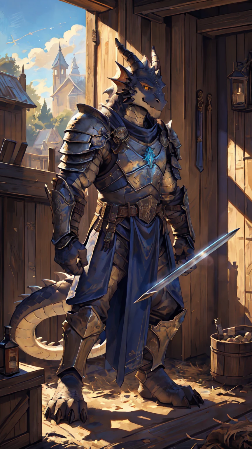 Medieval background:1.6,((Crusu:1.6)),Sunlight,high resolution,4K,gay,(((whole body:1.1))),(Fighting Stance:1.3),masterpiece,high quality,Calm and calm,((dragon)),male,(((Training in the training ground:1.3))),dragonFurry,(teenager:1.3),hairy,((Stable,Handsome face:1.4)),((peaceful)),((Holding a long sword:1.3)),(((strong:1.4,Long legs:1.3,粗壮dragon尾:1.2))),(((Gray head:1.2,Golden pupils:1.1,White neck:1.3,Gray back of hand:1.4,White muscles:1.3))),(((White Armor:1.3,Armor has a blue banner:1.4))),Mature face,Exquisite eyes,Detailed body,Detailed hands,Detailed feet,Kenket's style