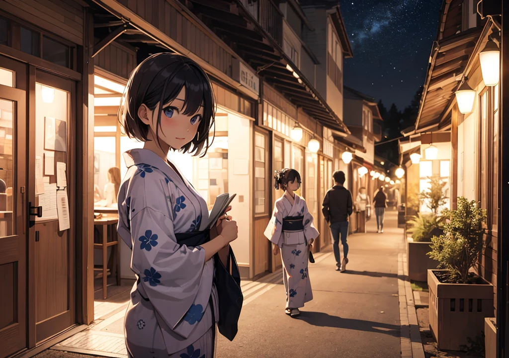 woman、alone、night、indoor、study、yukata