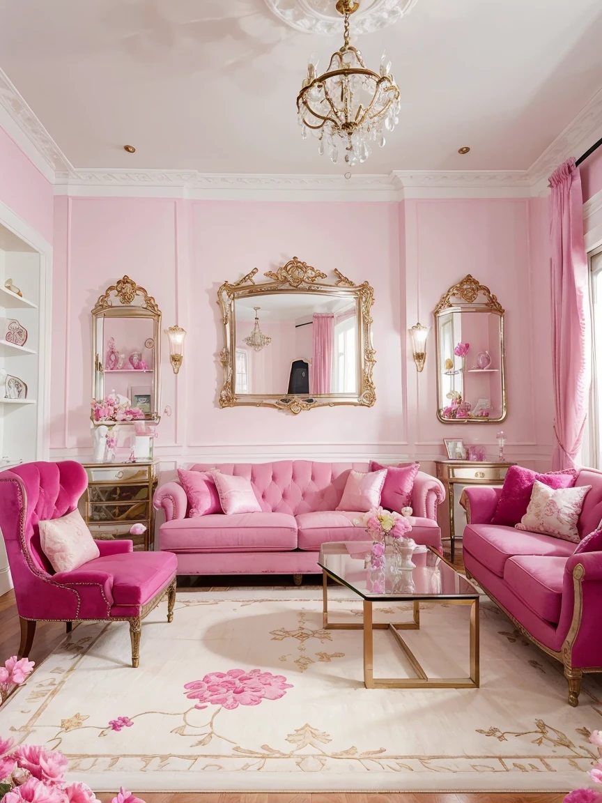 This living room is decorated in a modern high luxury style with Bright Neon Pink. The room ceilings adorned with multiple levels of long, elegant chandeliers,The large windows let in plenty of natural light, and the walls and furniture create a Bright Neon Pink and airy space. accents, such as the rug, pillows, flower and curtains, add a touch of warmth and femininity. Decorative Pieces. Candle Stands. Wall shelves. Clocks. Art. Crystals. status. The large mirror helps to reflect the light and make the room feel larger. The overall effect is a stylish and inviting living room that is perfect for relaxing or entertaining guests