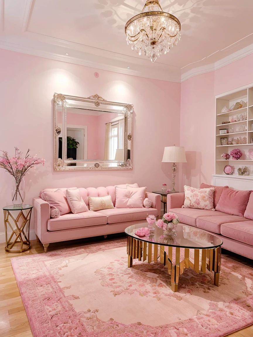 This living room is decorated in a modern high luxury style with Bright Neon Pink. The room ceilings adorned with multiple levels of long, elegant chandeliers,The large windows let in plenty of natural light, and the walls and furniture create a Bright Neon Pink and airy space. accents, such as the rug, pillows, flower and curtains, add a touch of warmth and femininity. Decorative Pieces. Candle Stands. Wall shelves. Clocks.  Art. Crystals. status. The large mirror helps to reflect the light and make the room feel larger. The overall effect is a stylish and inviting living room that is perfect for relaxing or entertaining guests
