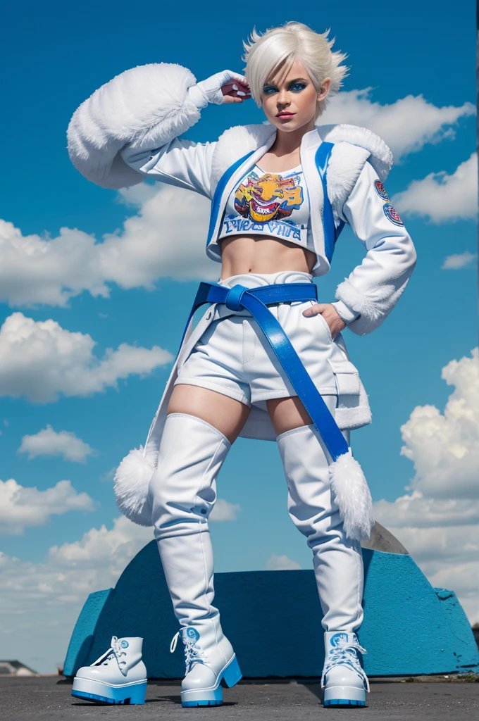 a ninja turtles style woman of the year 2018 who is an albino tiger, with short white hair, big, striking sky blue eyes, dressed in a blue clown, with a white belt and white platform boots with blue soles and plush on the upper part, with blue and white fingerless gloves