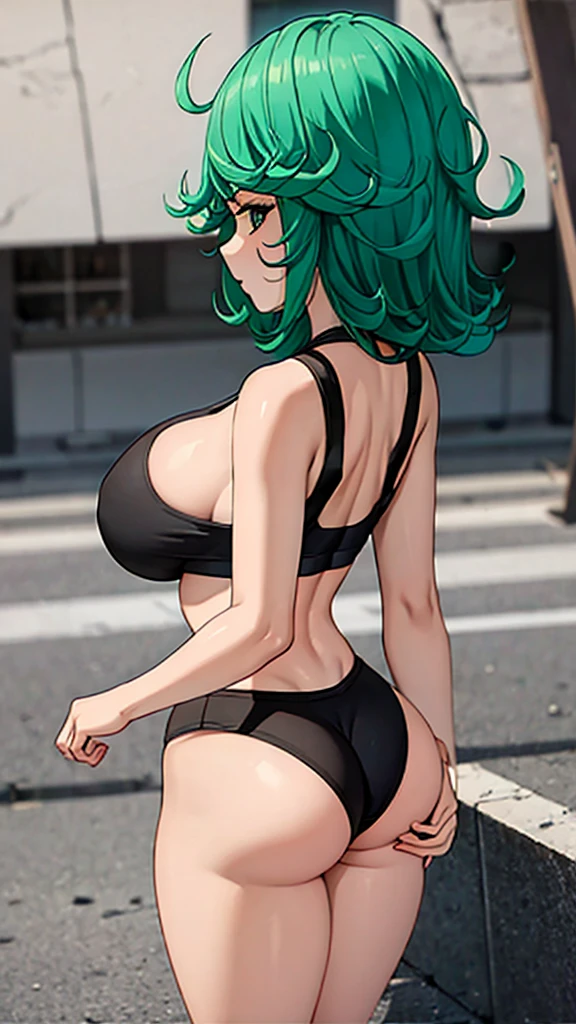 1Girl, green hair , huge breast, huge ass, black sports bra, black fitted dolphin shorts and tight ass