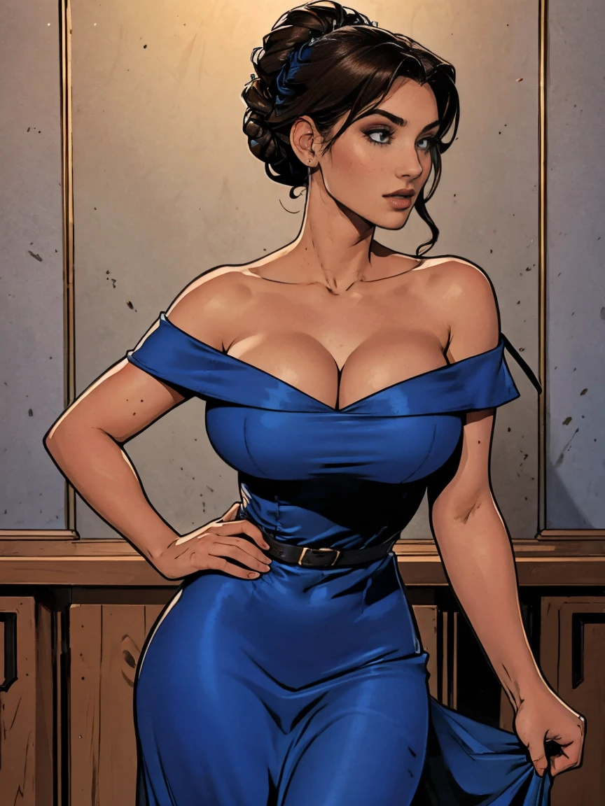 Gorgeous and sultry  athletic (thin) brunette with sharp  features wearing a dark blue off-shoulder sleeveless dress, updo