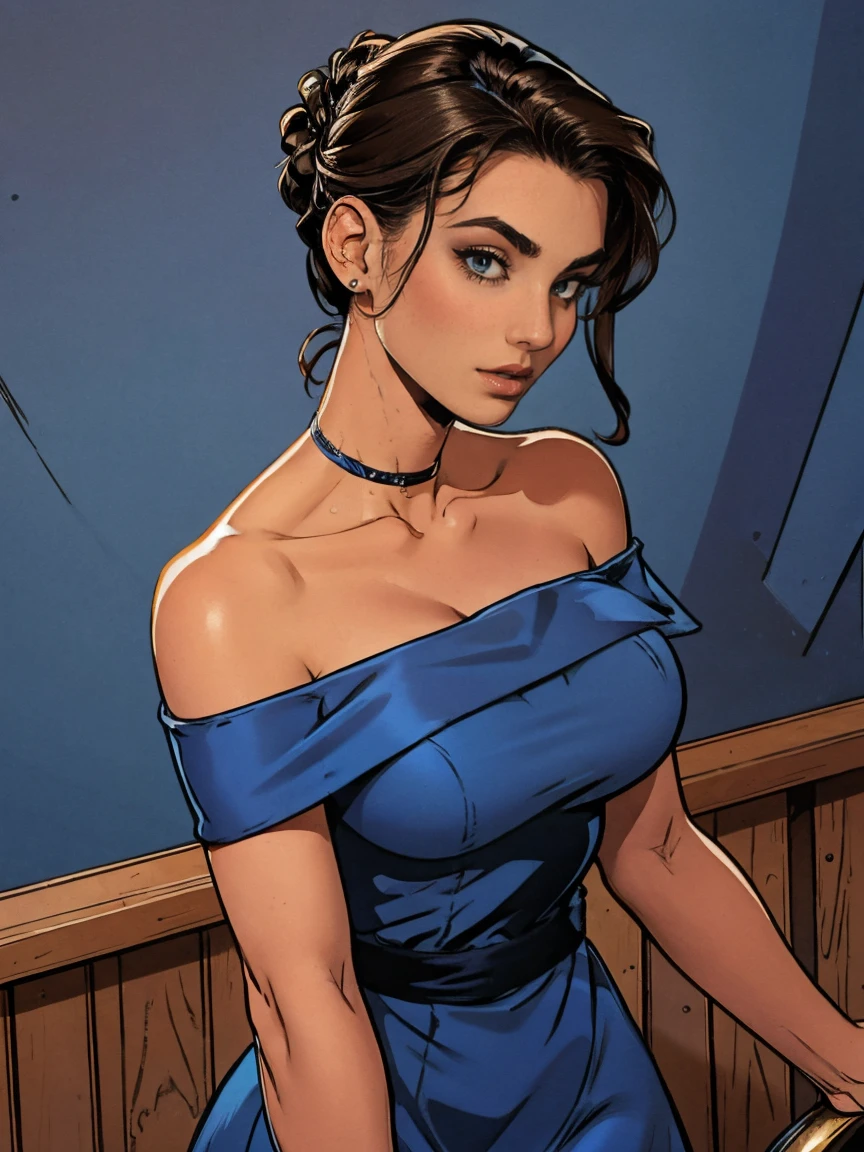 Gorgeous and sultry busty athletic (thin) brunette with sharp facial features wearing a dark blue off-shoulder sleeveless dress, updo