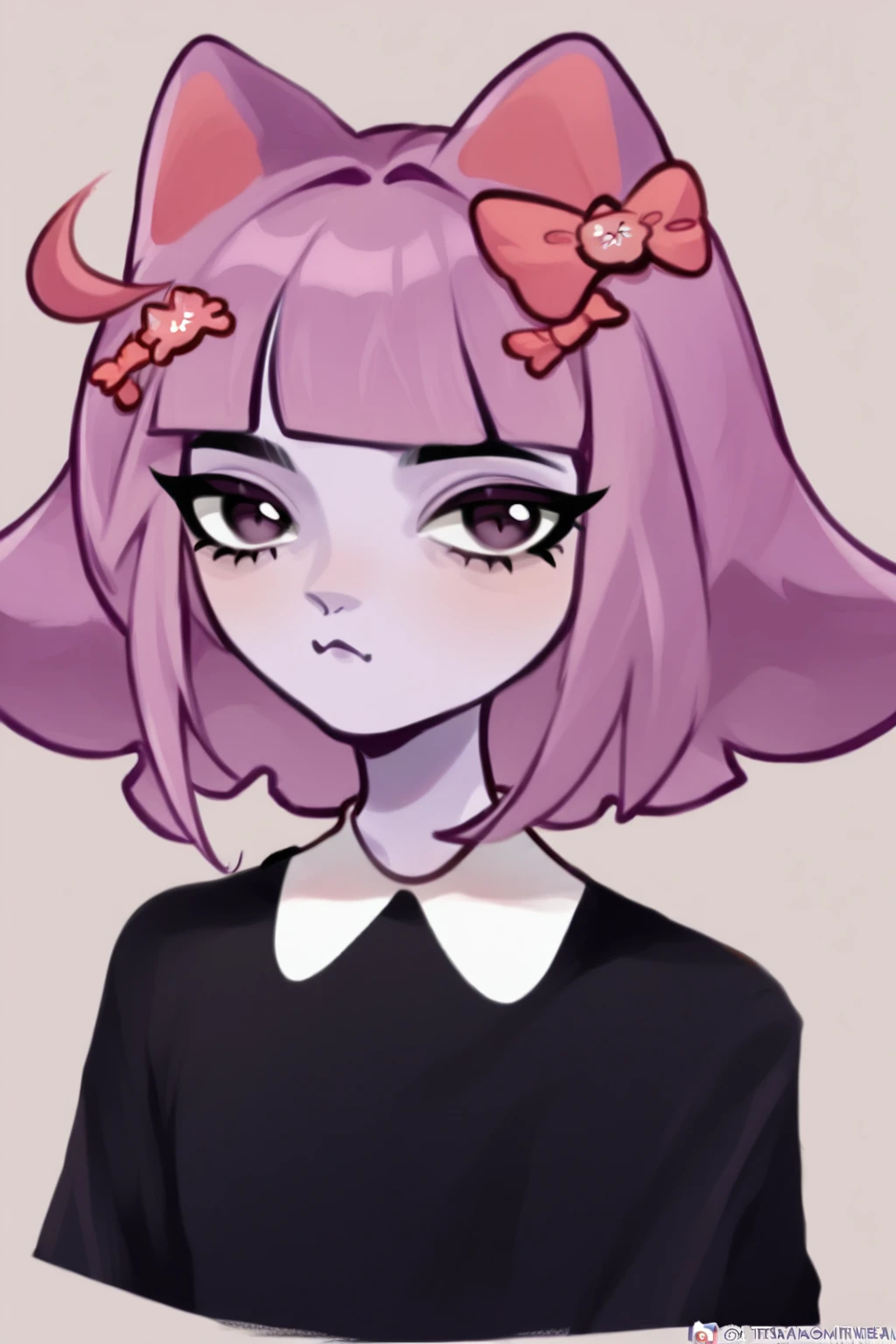 masunya, masyunya (vkontakte), masyunya /(vkontakte/), cat ears, purple skin color, hair bow, (purple hair color:1.1), black dress, cat tail, Sitting on the bed, alone, upper body, CuteStyle