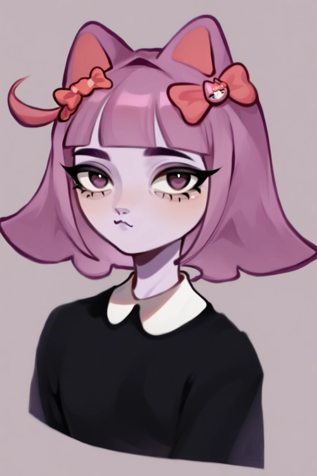 masunya, masyunya (vkontakte), masyunya /(vkontakte/), cat ears, purple skin color, hair bow, (purple hair color:1.1), black dress, cat tail, Sitting on the bed, alone, upper body, CuteStyle