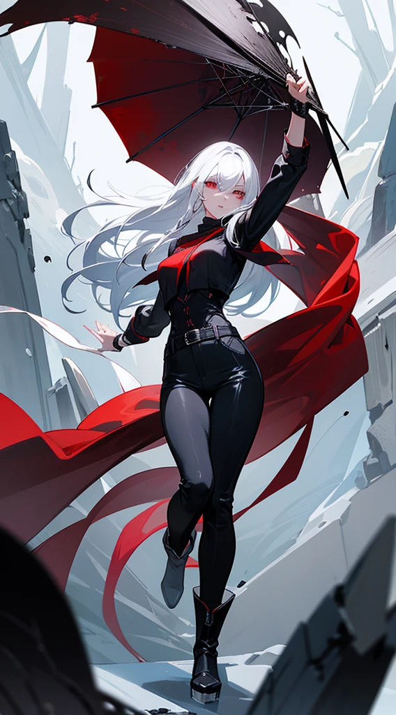 beautiful woman, white hair, long straight hair, ((crew cut: 1)), red eyes, fair skin, ((muscular: 1)), female, 28 years old Wearing a black blouse with blue details, leather shawl , black pants, black boots, winter queen, vampire, blood control, ice in the background, fog.