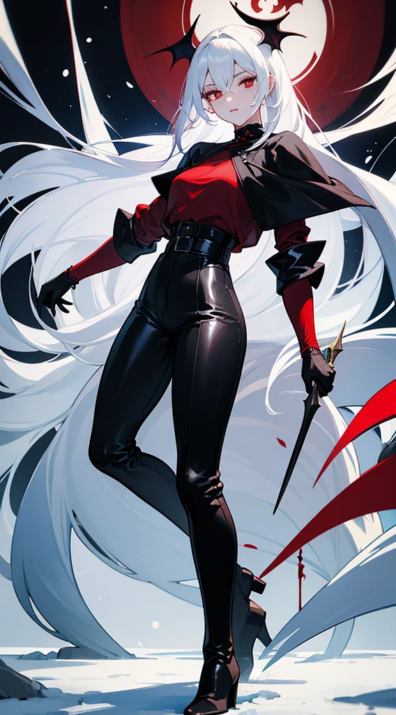 beautiful woman, white hair, long straight hair, ((crew cut: 1)), red eyes, fair skin, ((muscular: 1)), female, 28 years old Wearing a black blouse with blue details, leather shawl , black pants, black boots, winter queen, vampire, blood control, ice in the background, fog.