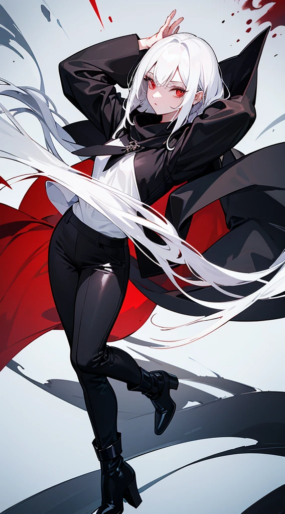 beautiful woman, white hair, long straight hair, ((crew cut: 1)), red eyes, fair skin, ((muscular: 1)), female, 28 years old Wearing a black blouse with blue details, leather shawl , black pants, black boots, winter queen, vampire, blood control, ice in the background, fog.
