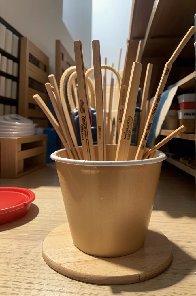selling noodles in plastic cups with wooden chopsticks