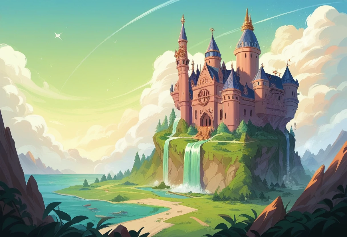 A magnificent medieval European-style castle floats on a giant rock island in the sky, surrounded by clear blue skies and a sea of clouds. The castle features bronze-roofed towers with golden decorations, and emerald green vines hanging from the island. Waterfalls cascade into the air, while small airships and dragons fly around. Magical light particles and aurora-like bands create a fantastical atmosphere, all bathed in the soft light of dawn or dusk.