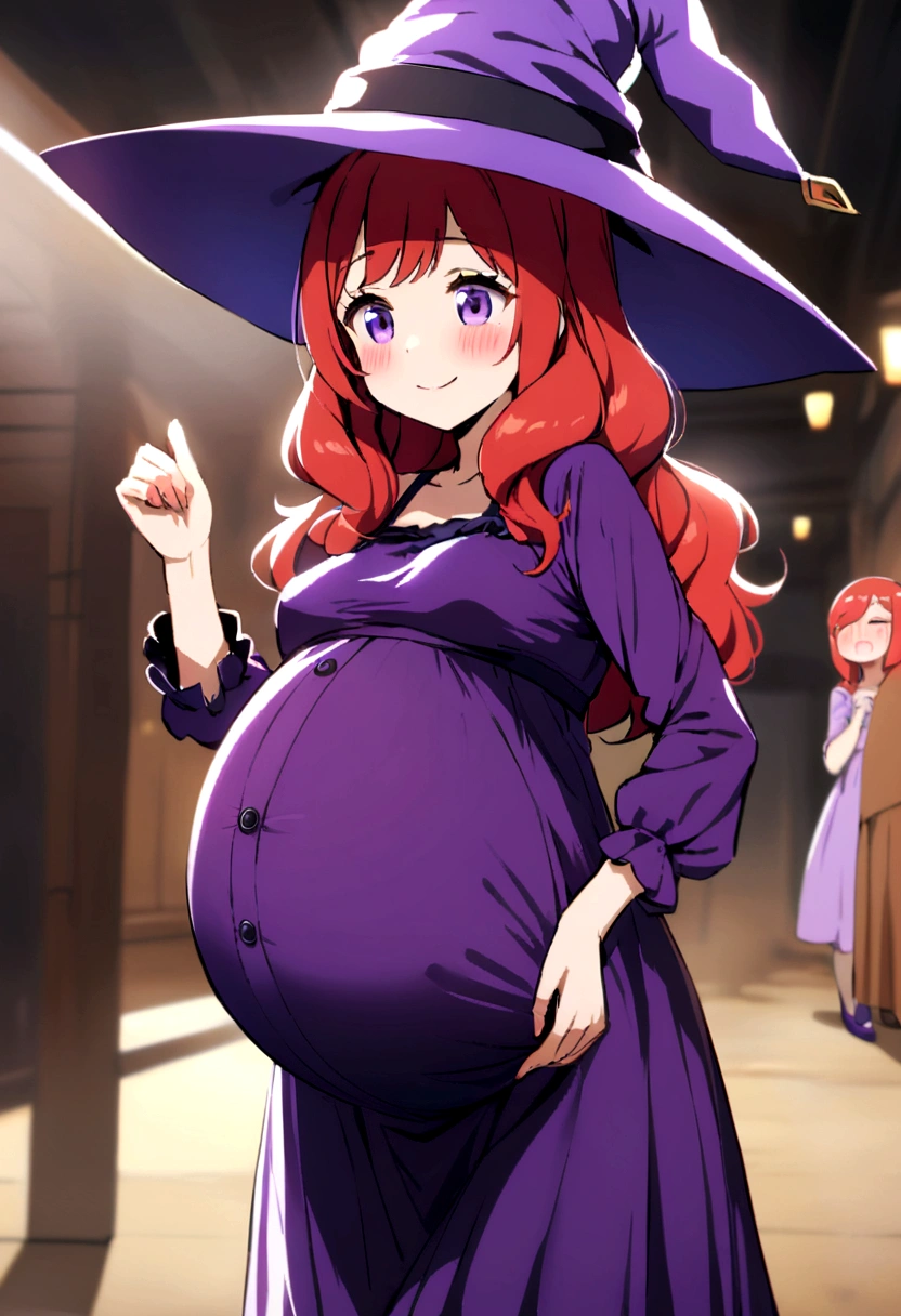 pregnant cute redhead girl, with long red hair, purple eyes, purple shirt, dark purple skirt, purple witch hat, purple heels, cute smile, blushing