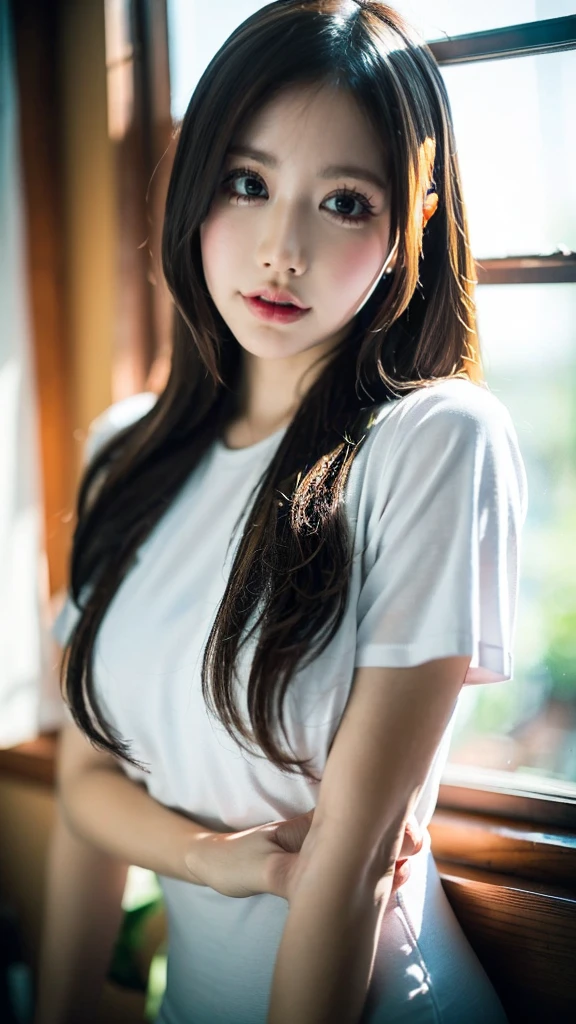 (((HD photo))), ultra high res.photorealistic:. 1.4, UHD (best quality,4k,8k,highres,masterpiece:1.3),ultra-detailed,(realistic,photorealistic,photo-realistic:1.37),1 girl,beautiful detailed eyes,beautiful detailed lips,extremely detailed face,long eyelashes,medium:oil painting,soft lighting,impressionistic style,red colors,beautifully T-Shirts Dress,wistful expression,standing with one hand on the window frame,gentle breeze blowing her hair,warm sunlight streaming through the window,green plants visible outside the window,soft curtains framing the girl,peaceful atmosphere,serene and tranquil ambiance