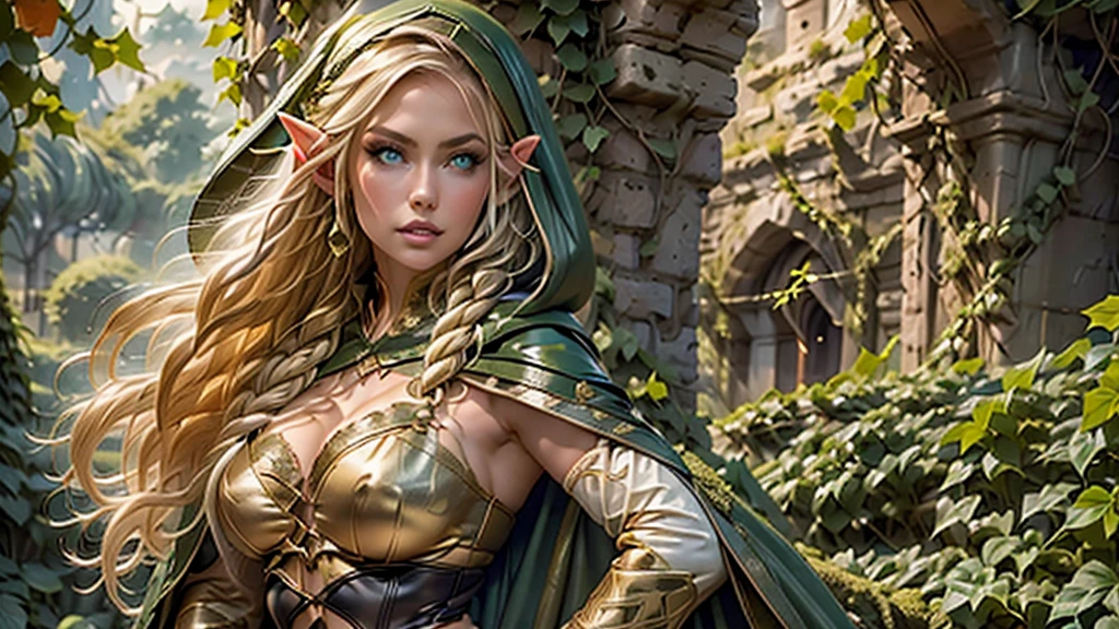 (masterpiece, best quality:1.2), solo8k, (full view of body), Elf ears, Huge breast, (1 woman, elven featured face, seductive expression, massive bulging breast, beautiful green eyes, braided blonde hair, thick hips, narrow shoulders, hourglass, thick bush, camel toe), (leather green hooded cape, thin braided leather straps, gartered bustier and panty, elven designed outfit, gold laced ivy leaf pattern), (medieval setting, stone ruins, ivy vines, oak forest, great oak background), frank frazetta style painting, 