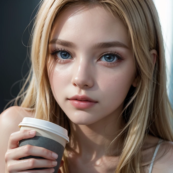 Beautiful modern fashion girl drinks coffee, cinematic style,8k resolution, soft lighting,super details of skin and hair texture, eyeballs,nase, mouth are realistic details,hair blonde
