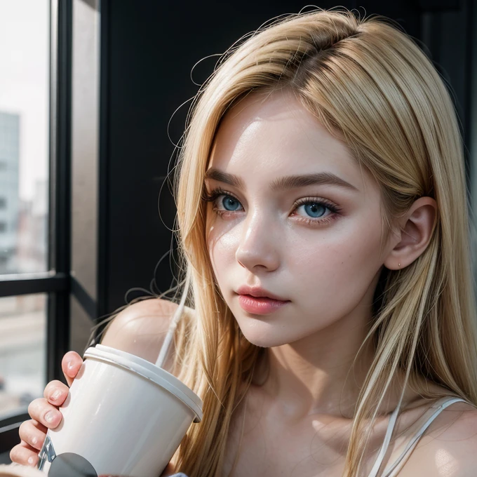 Beautiful modern fashion girl drinks coffee, cinematic style,8k resolution, soft lighting,super details of skin and hair texture, eyeballs,nase, mouth are realistic details,hair blonde