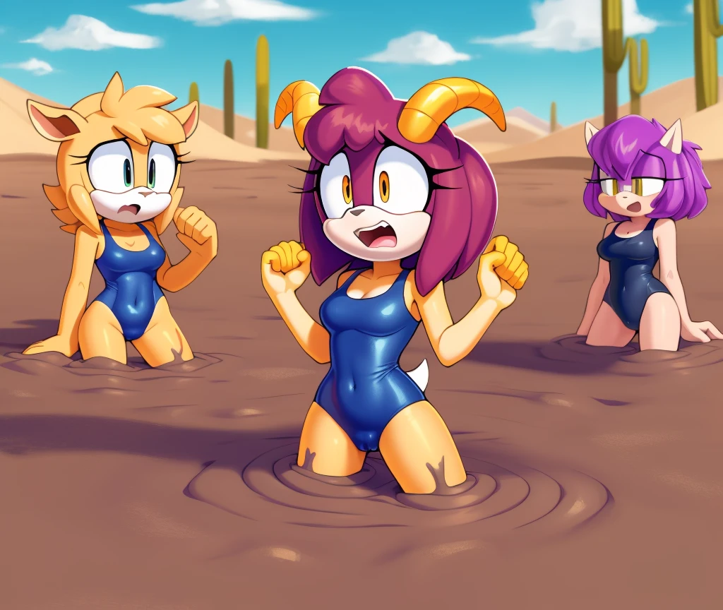 Mobian girls, best quality, HD, full body, sexy breasts girl, goat girls, desert, hair, group lined up, group together, 6girls, group peril, multiple girls, 6girls together, hair, 6girls upper body, 6girls in quicksand, hair, dripping, panic, group, multiple girls, open mouth, masterpiece, cameltoe, wamudraws, sad, blue one-piece swimsuit, quicksand, sinking, 6girls in quicksand, scream, hands up, gurgling, drowning, orgasm, challenge, submerged, group sinking, school swimsuit, panic, peril, swimsuit,