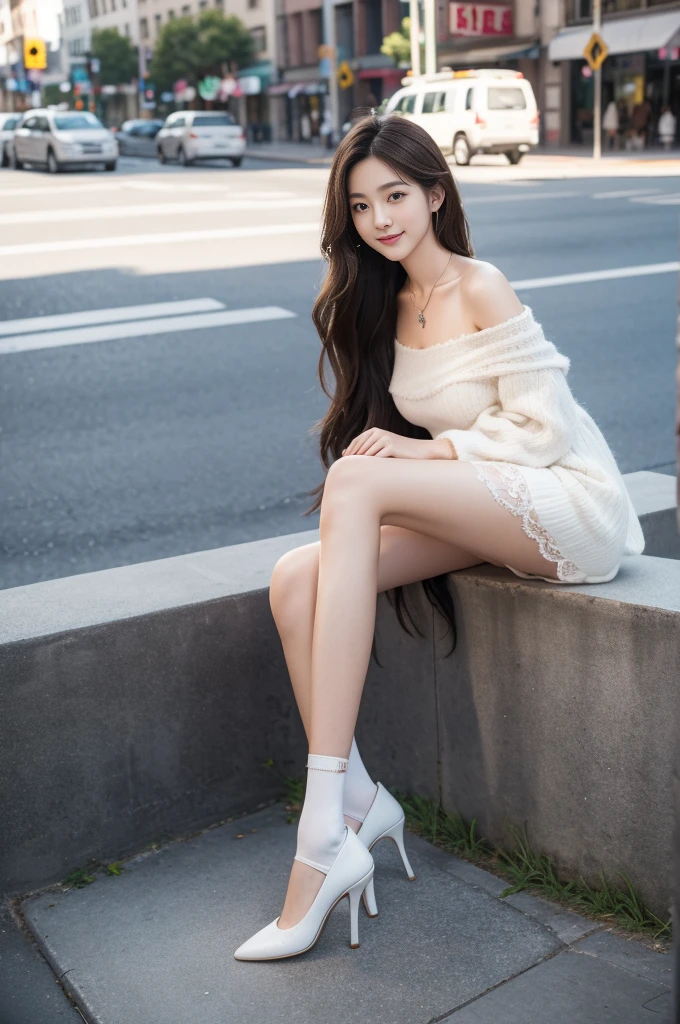 Front Angle, (8K, best quality, masterpiece:1.2), (Practical, photo-Practical:1.37), Extremely detailed, 1 girl, Looking at the audience, Beautiful and detailed sky, Detailed café street, sit, full_Body, Small head, Exquisite necklace, beautiful legs:1.2, Long legs:1.2, Slender legs, High heel:1.3, White socks:1.4, Medium breasts, High waist, Willow Waist, Off-shoulder, belt, Short bottoms, Beautiful and delicate eyes, daytime, Warm colors, White lace, (Long hair:1.4), 银色中Long hair, White skin, light, Street Lights, (Tea table:1), (handbag:1), ulzzang-6500-v1.1:0.66,Large Breasts,Smiling
