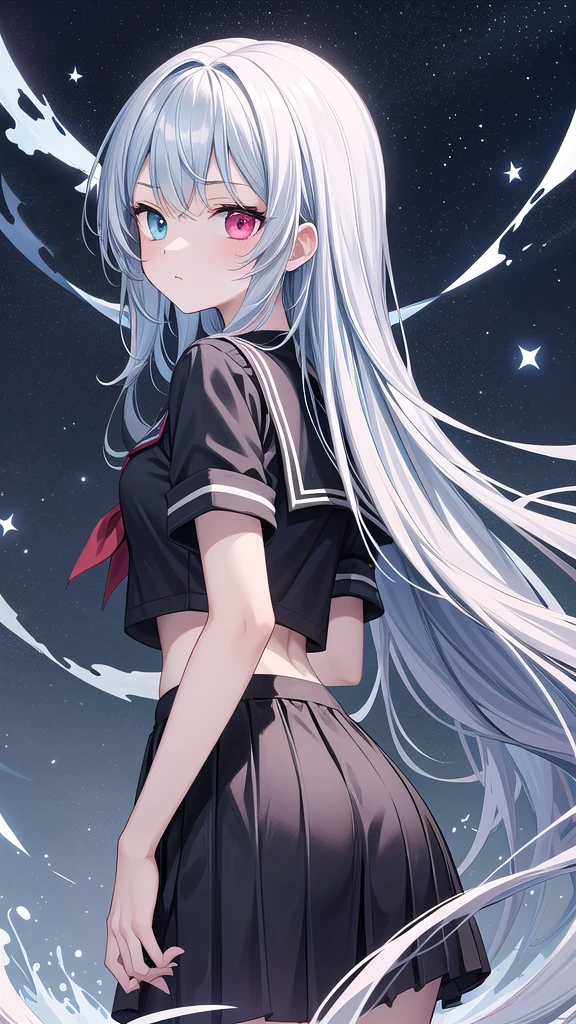 1girlsolo, face towards the sky, looking back, 1 girl, very long hair, pale blue hair, colored inner hair, absurdly long hair, cold expression, heterochromic, serafuku, array stars, absurdres, highres,