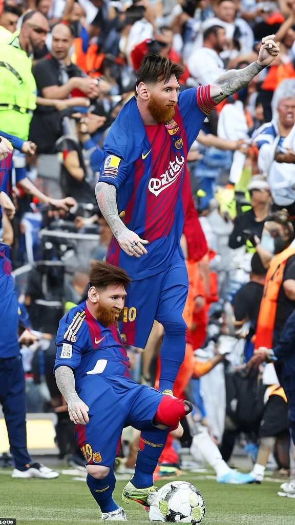 player Messi is in the middle of the street, and he has a huge belly, he is shirtless and there are many people on the street laughing at him, the day is sunny