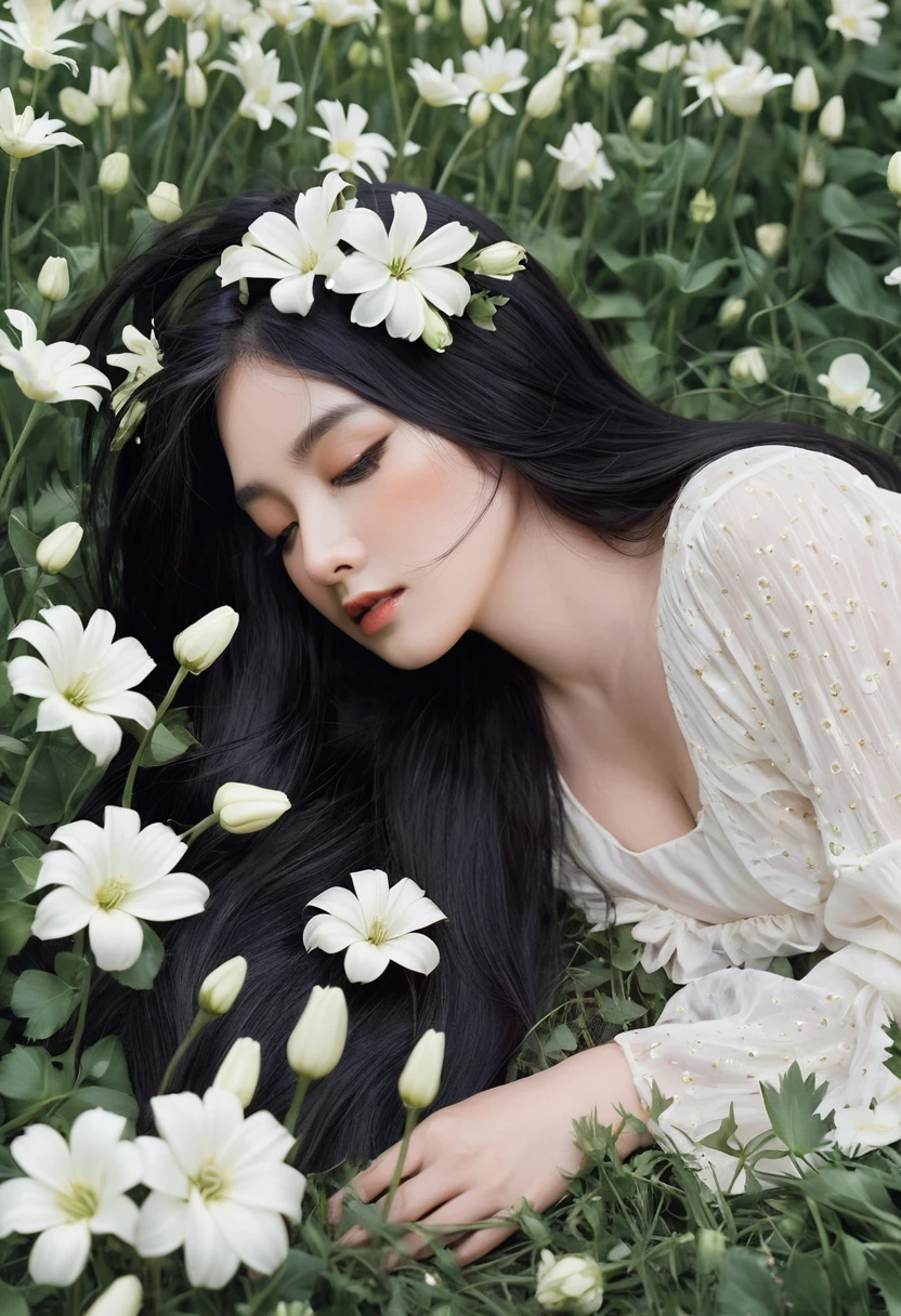 (oil painting:1.5), a woman with long black hair and white flowers in her hair is laying down in a field of white flowers, (amy sol:0.248), (stanley artgerm lau:0.106), (a detailed painting:0.353), (gothic art:0.106)