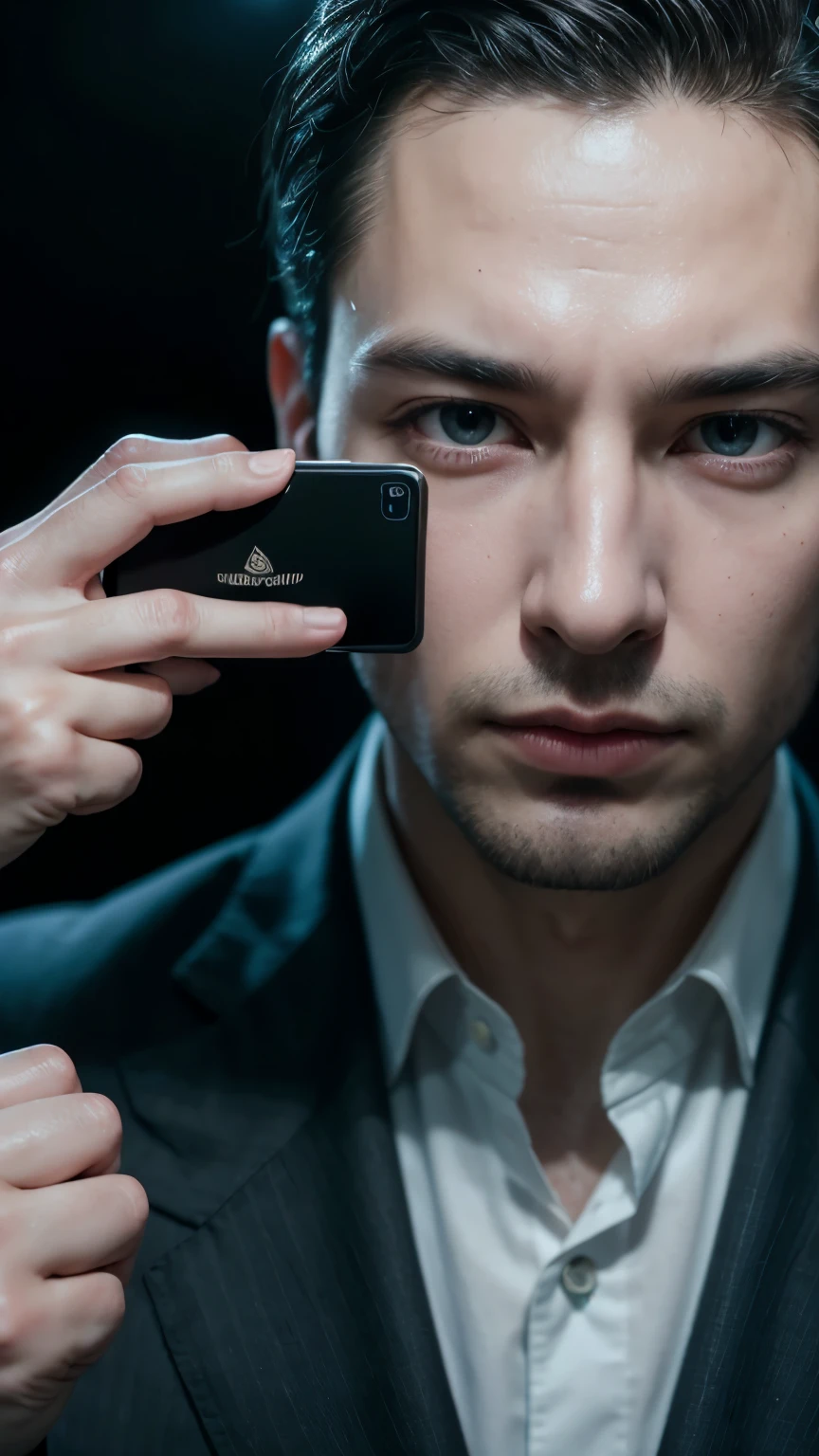 A realistic close-up of a wealthy executive, in a sharp suit and holding a smartphone, with the 666 chip clearly visible on their right hand, facing the choice between submitting to the mark of the beast or resisting. detailed, real photo, real lighting,