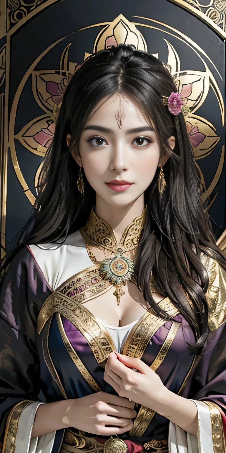 (Masterpiece, Highest quality, best quality, official art, beautiful and aesthetic:1.2), (1 girl), รายVery detailed,colorful,Maximum details, official art, unity wallpaper 8k, Very detailed, beautiful and aesthetic, beautiful, Masterpiece, best quality, (zentangle, Mandala, tangle, entangle) ,holy light,gold foil,gold leaf art,glitter painting, PerfectNwsjMajic