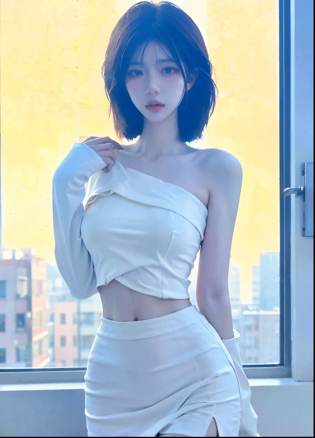Beautiful woman with perfect figure:1.4,Ultra-high resolution,White background,(Realism:1.4),Layered hairstyle,White skin,JK:1.5,Super short pleated skirt,whole body:1.4,Very delicate and skin texture,Double eyelids,Skin Whitening,short hair,White hair