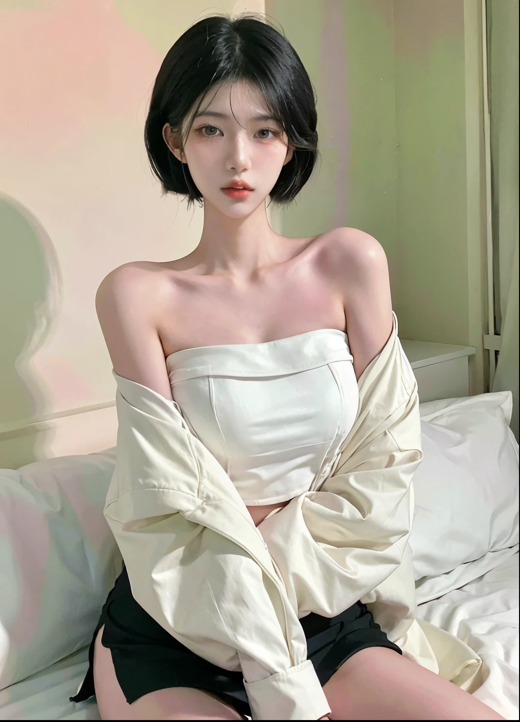 Beautiful woman with perfect figure:1.4，Ultra-high resolution，White background，（Realism:1.4)，Layered hairstyle，White skin，JK:1.5，Super short pleated skirt，whole body：1.4，Very delicate and skin texture，Double eyelids，Skin Whitening，short hair，White hair
