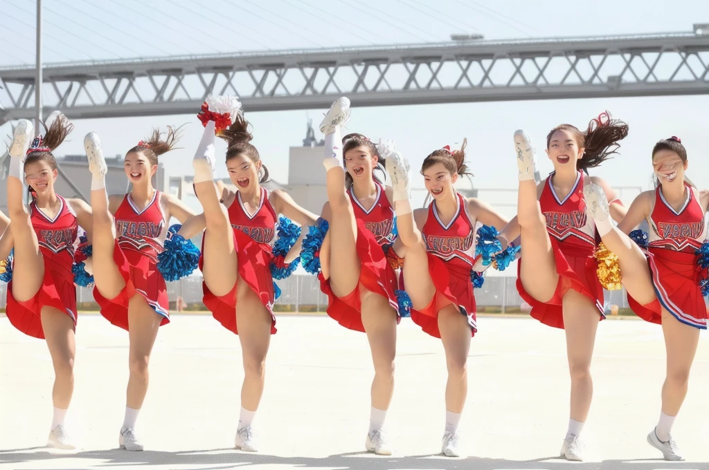 Alafed cheerleaders in red and blue uniforms performing their tricks, support, 15081959 21121991 01012000 4k, High Kick, Outperform the competition, [ Realistic photos ]!!, dynamic!!, High Resolution, There - nothing., Cheerful Flower, B - Roll