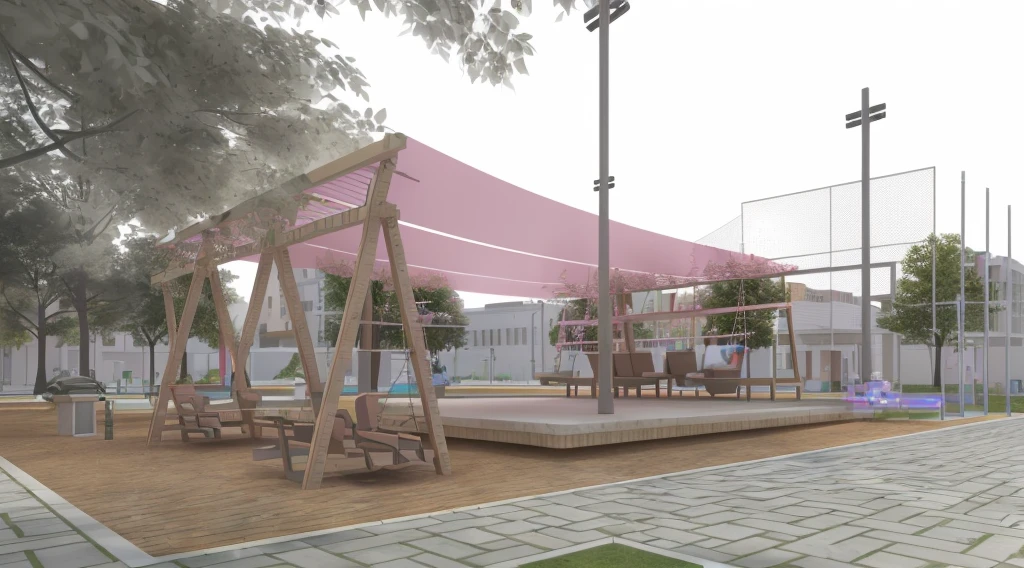 there is a small park with swings and a pink canopy, detail rendering, Rendering, Palco coberto ao ar livre, conceptual Rendering, conceptual, architectural rendering, back of scenography elements, Rendering final em 3D, Rendering final em 3D, 3D rendered model, detailed Rendering, low angle dimetric Rendering, detailed rendering, rendered 3d model, with 3D rendering