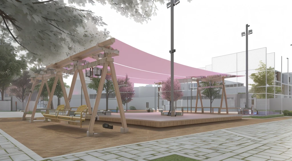 there is a small park with swings and a pink canopy, detail rendering, Rendering, Palco coberto ao ar livre, conceptual Rendering, conceptual, architectural rendering, back of scenography elements, Rendering final em 3D, Rendering final em 3D, 3D rendered model, detailed Rendering, low angle dimetric Rendering, detailed rendering, rendered 3d model, with 3D rendering