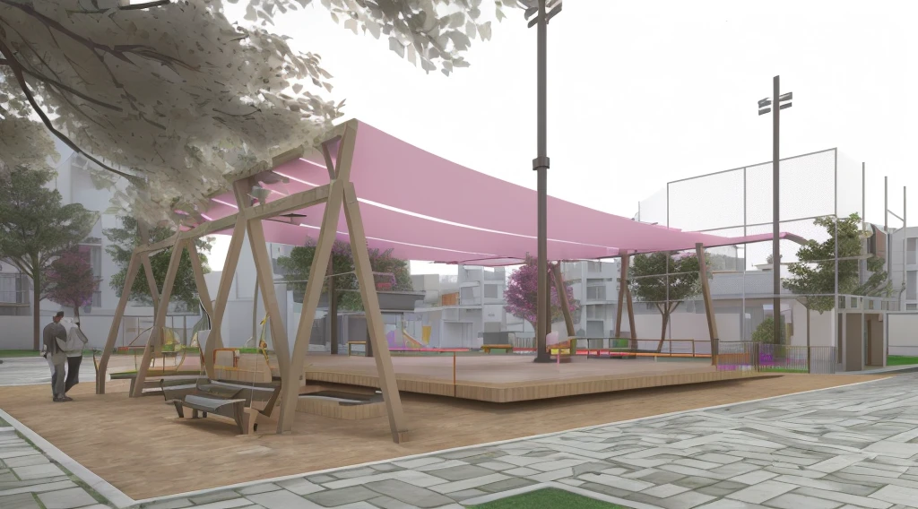 there is a small park with swings and a pink canopy, detail rendering, Rendering, Palco coberto ao ar livre, conceptual Rendering, conceptual, architectural rendering, back of scenography elements, Rendering final em 3D, Rendering final em 3D, 3D rendered model, detailed Rendering, low angle dimetric Rendering, detailed rendering, rendered 3d model, with 3D rendering