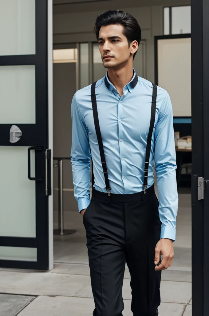 A man with a light blue long-sleeved shirt and black pants with black suspenders without a jacket