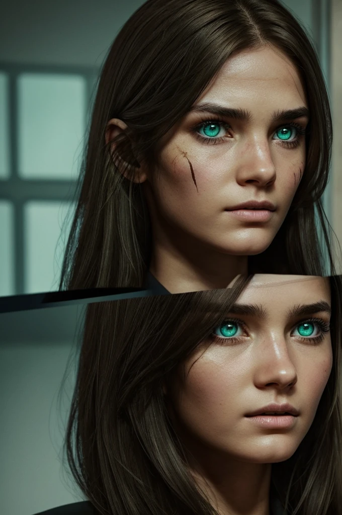 Call of Duty, girl, one eye blue and the other green, long brown hair, slanted eyes with a scar on the right eye