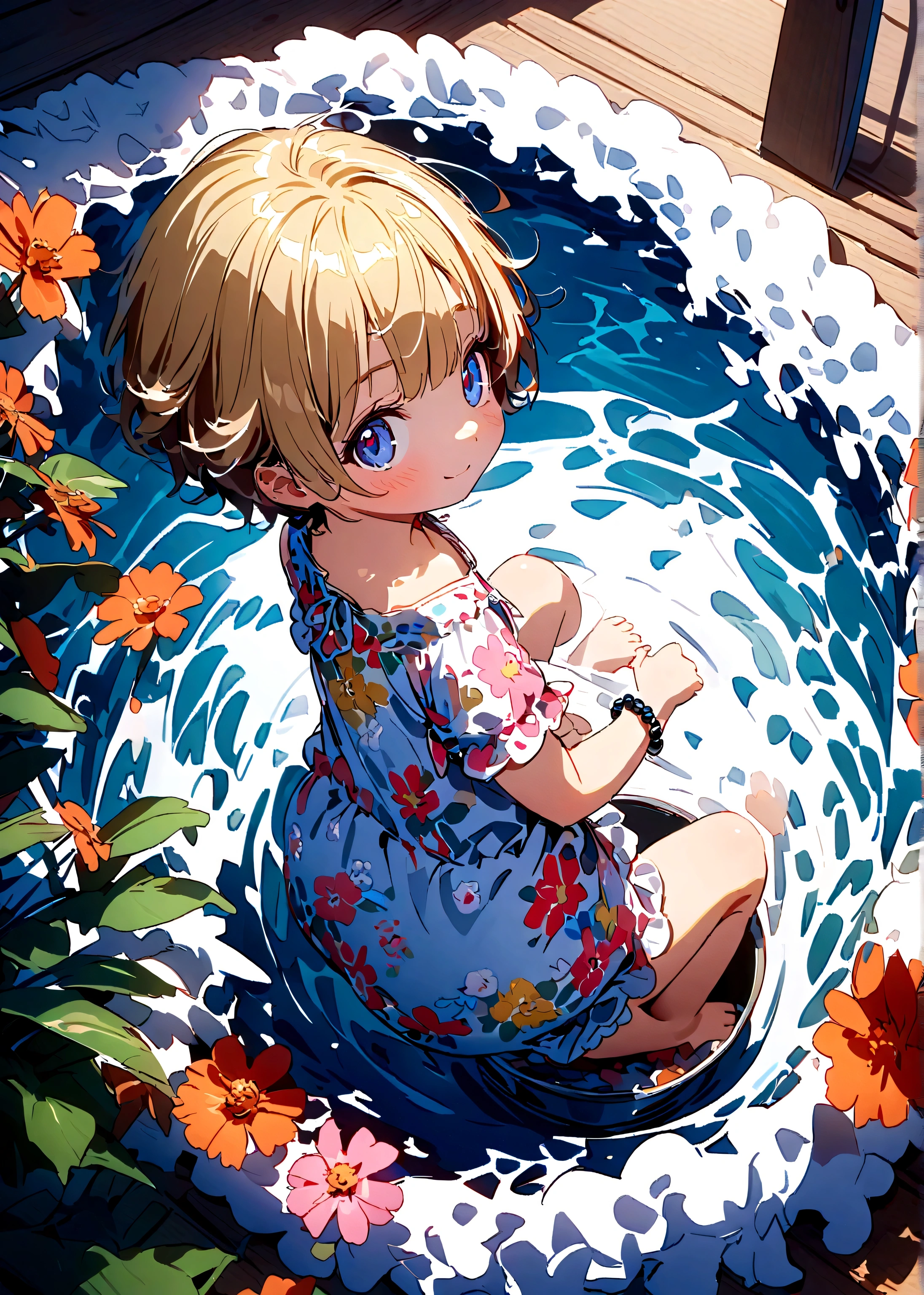 (solo:1.5),1baby\(very cute,soft skin,newborn,age of 1,blonde,soft curly hair,(very short hair:1.8),wearing bucket hat,wearing romper\(short sleeve\),black beads bracelet on left arm, looking back at viewer,cute smile,full body\) is sitting on the soft fluffy cloth at very beautiful seashore\(white sand,shiny blue ocean,blue sky,beautifl clouds\),[], BREAK ,design of the hat and romper\(white, cute colorful flowers\(flat design\)\), BREAK ,quality\(8k,wallpaper of extremely detailed CG unit, ​masterpiece,hight resolution,top-quality,top-quality real texture skin,hyper realisitic,increase the resolution,RAW photos,best qualtiy,highly detailed,the wallpaper,cinematic lighting,ray trace,golden ratio\),(from above:0.5),low angle