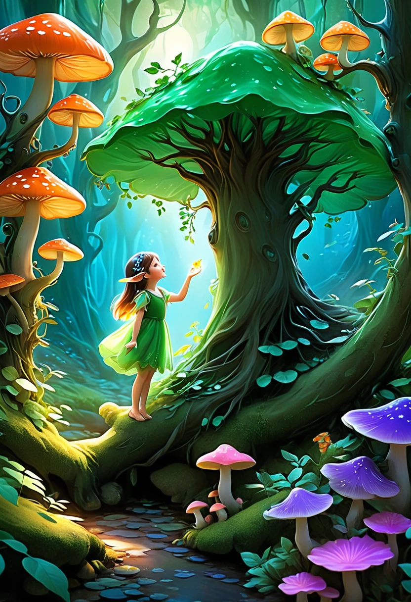 A fantastic and real illustration showing exploring in a magical forest. Trees have unusual shapes and colors, with branches that twist and intertwine, creating an environment full of magic and wonder. and elevated roots, surrounded by bright flowers and luminous mushrooms. Pay special attention to capturing the characters as they interact with this fantastic world.. Focuses on revealing skin lines, the agile fingers and the expressiveness of their gestures. Some have stopped to observe small magical creatures that float and flutter around them, like fairies and elves. His hands extend with curiosity, seeking to touch and feel the magic that surrounds them. Others are building shelters with branches and leaves, giving life to your dreams with your hands. The color palette is vibrant and saturated, with intense shades of green, blue, purple, orange and pink that give the scene an ethereal and dreamlike appearance. The lighting is warm and diffuse, creating an enchanted and welcoming atmosphere. Focus on capturing joy, The curiosity and overflowing imagination of Ls interact with this fantastic world. Let every detail of your hands, from skin textures to gestures, convey a sense of wonder and unlimited possibilities." In this version, I have specifically emphasized the importance of representing with detail and precision how they relate to the magical elements of the forest. I hope this updated prompt helps generate an image that captures that fantastic quality and