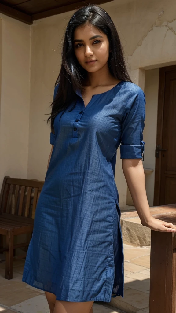 A indian gril black hair dress blue colour kurta at kalkata bajar