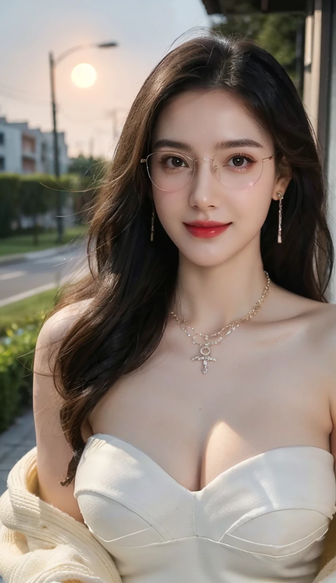 (Canon RF85mm f/1.2), (8K, RAW photos, best quality), (masterpiece), (actual, photograph actual), (Very detailed, High Detail, Best image quality, Super detailed, high resolution, Very detailed, Very detailed的描述, Ultra-fine, Extremely exquisite and beautiful work), Beautiful and delicate girl, Solo Girl, ((Perfect body)), Very detailed eyes and face, White skin, Noble beauty, ((The skin texture is delicate, Pores)), Perfect anatomical structure, Beautiful body, Delicate face, Slim abs, Slim waist), Big Ass, (Large Breasts, Breast enlargement), (Cleavage), (affectionate gaze, soulful eyes, Glowing eyes), (beautiful and clear eyes), (Bounce Curly Messy Long Hair), (Smile:1.2), (fascinated expression), (Attractive appearance), ((Cardigan,Strapless wedding dress)), ((Tight)), ((bud)), ((wear glasses)), earrings, necklace, ((night)), ((Street View, moonlight)), Physically Based Rendering, Realistic lighting, (((Upper Body))), ((looking at the audience)), ((Everlasting)), ((Happy and shy))