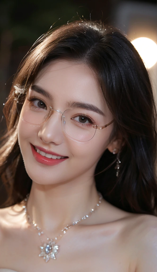 (Canon RF85mm f/1.2), (8K, RAW photos, best quality), (masterpiece), (actual, photograph actual), (Very detailed, High Detail, Best image quality, Super detailed, high resolution, Very detailed, Very detailed的描述, Ultra-fine, Extremely exquisite and beautiful work), Beautiful and delicate girl, Solo Girl, ((Perfect body)), Very detailed eyes and face, White skin, Noble beauty, ((The skin texture is delicate, Pores)), Perfect anatomical structure, Beautiful body, Delicate face, Slim abs, Slim waist), Big Ass, (Large Breasts, Breast enlargement), (Cleavage), (affectionate gaze, soulful eyes, Glowing eyes), (beautiful and clear eyes), (Bounce Curly Messy Long Hair), (Smile:1.2), (fascinated expression), (Attractive appearance), ((Cardigan,Strapless wedding dress)), ((Tight)), ((bud)), ((wear glasses)), earrings, necklace, ((night)), ((Street View, moonlight)), Physically Based Rendering, Realistic lighting, (((Upper Body))), ((looking at the audience)), ((Everlasting)), ((Happy and shy))