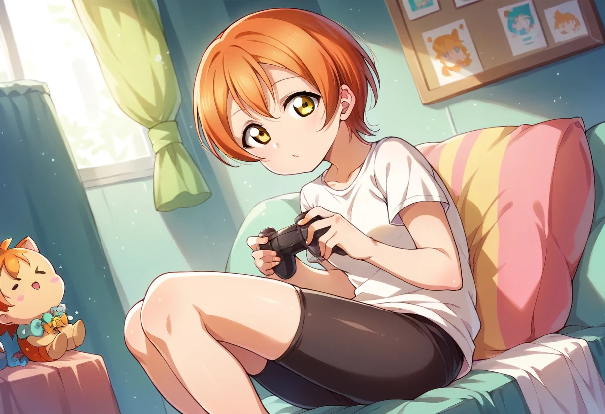 Masterpiece, best quality,Hoshizora rin,solo ,yellow eyes, short hair,orange hair, White Top,Bike shorts, sitting, chibi, arms behind,love live style , indoors , holding reversed playstation controller