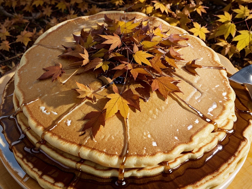 finest image, detailed and delicate depiction, Maple syrup overflowing from a faucet attached to a maple tree, pancake, Maple leaf, autumn leaves