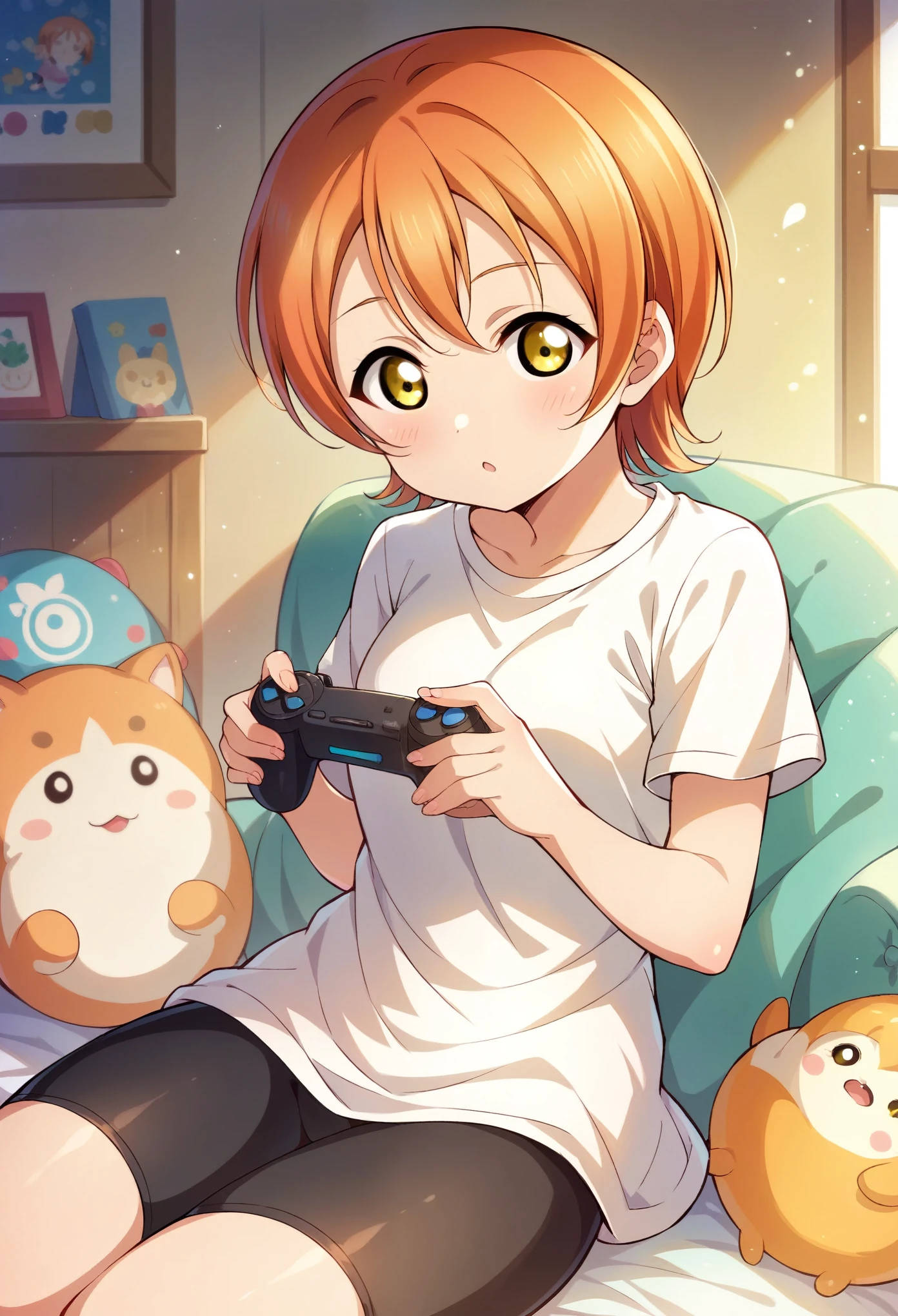 Masterpiece, best quality,Hoshizora rin,solo ,yellow eyes, short hair,orange hair, White Top,Bike shorts, sitting, chibi, arms behind,love live style , indoors , holding reversed playstation controller