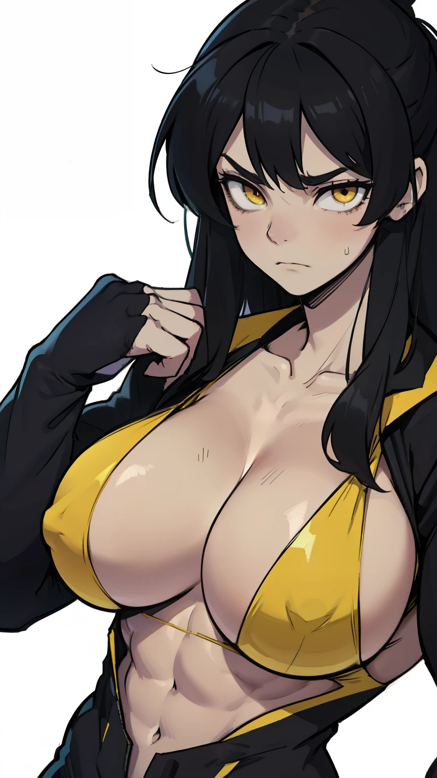 massive breasts muscular toned body black hair yellow eyes pale skin expressionless sad